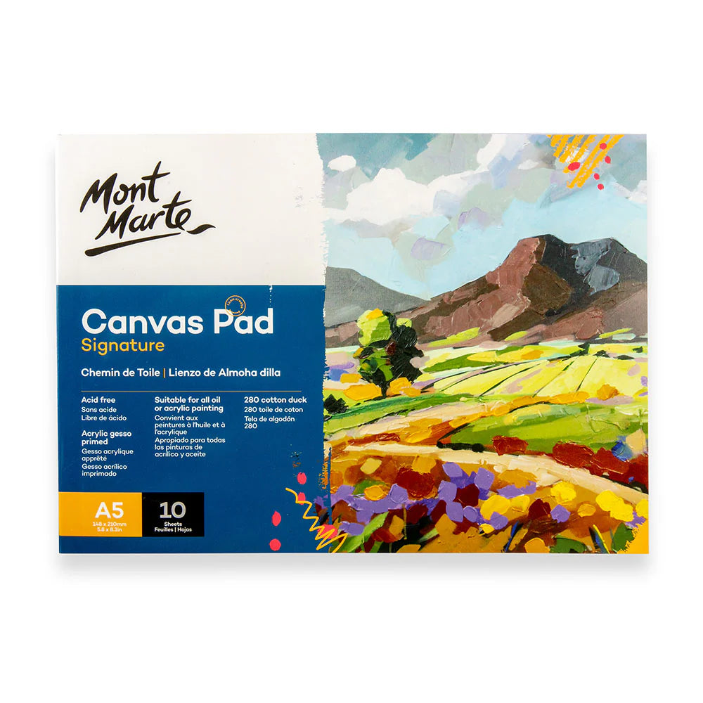 A5 size canvas pad; 10 sheets; blue and white packaging; landscape painting image on cover; Mont Marte branding;