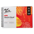 Rectangular sketch book with horizontal orientation; White cover with red and yellow graphic design; Black spiral binding on the left side; Text showing A5 size, 30 sheets, 150gsm; Heavyweight backing card visible;