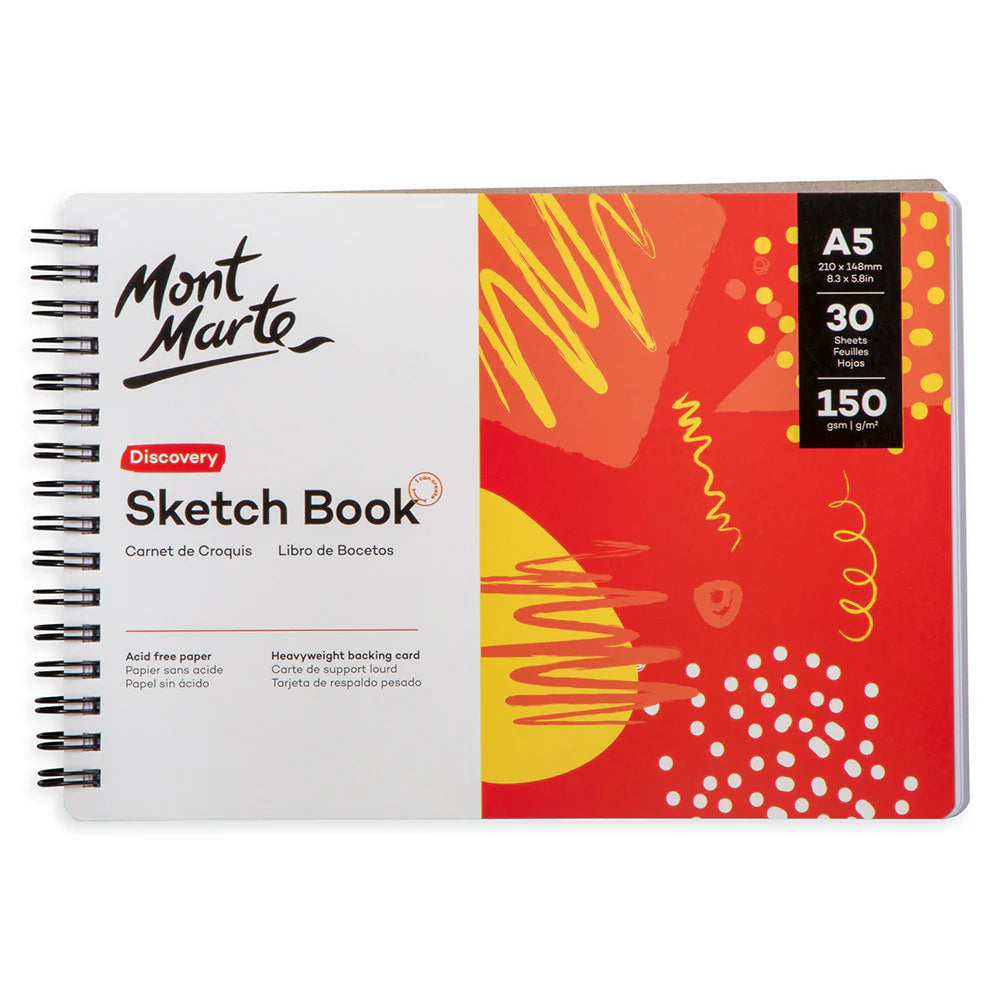 Rectangular sketch book with horizontal orientation; White cover with red and yellow graphic design; Black spiral binding on the left side; Text showing A5 size, 30 sheets, 150gsm; Heavyweight backing card visible;