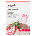 white cover with illustrated pink and white bird; red header and footer sections on cover; text stating A5 size, 25 sheets, 150gsm; Mont Marte brand logo; illustration of a bird on textured paper surface;