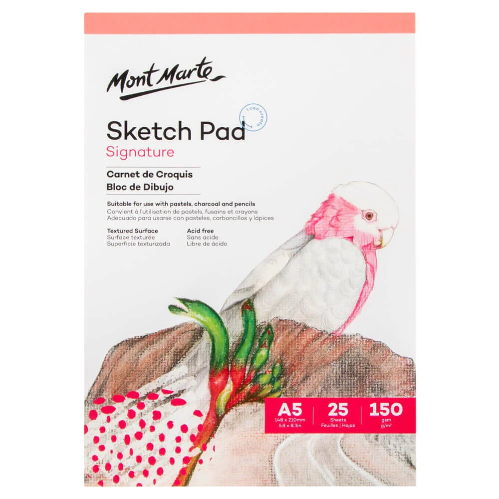 white cover with illustrated pink and white bird; red header and footer sections on cover; text stating A5 size, 25 sheets, 150gsm; Mont Marte brand logo; illustration of a bird on textured paper surface;