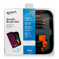 11 brushes with orange taklon bristles; compact zipped fabric wallet in dark colour; brush handles black with orange tips; mix of flat, round and angled brush shapes;