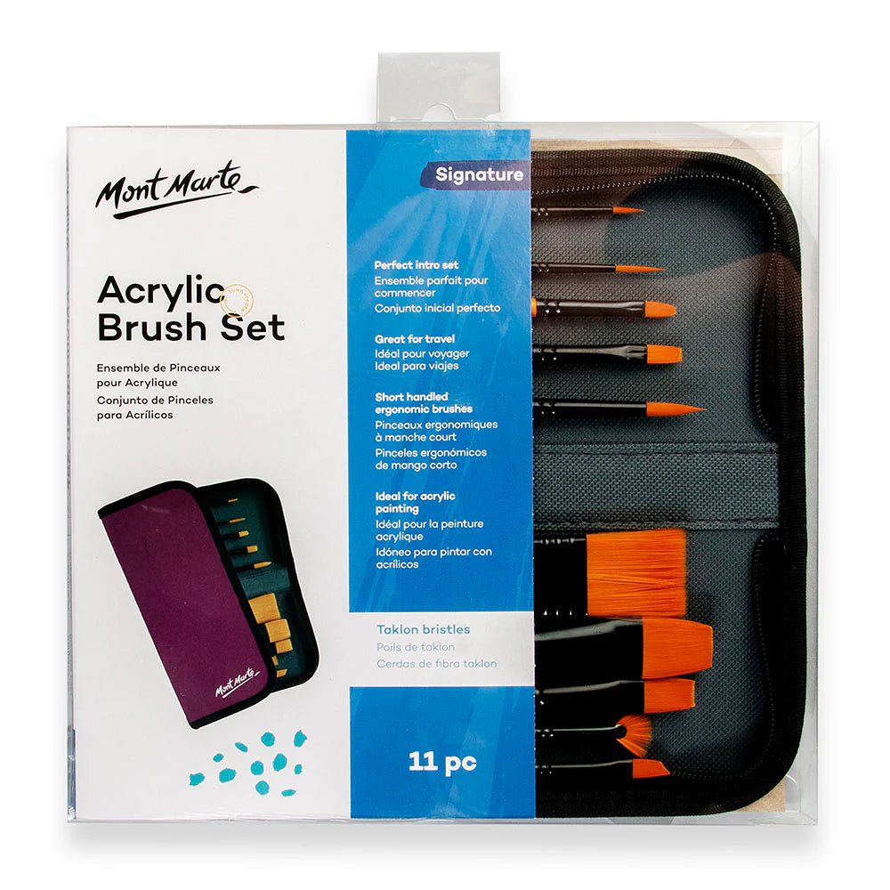11 brushes with orange taklon bristles; compact zipped fabric wallet in dark colour; brush handles black with orange tips; mix of flat, round and angled brush shapes;