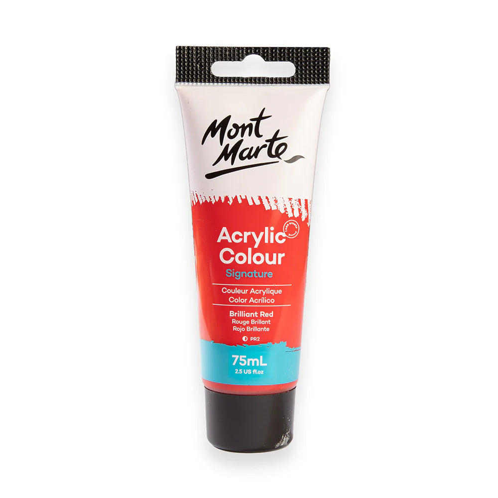75ml paint tube; brilliant red colour visible on packaging; Mont Marte branding on tube; white and black tube design with blue accent; text indicates acrylic colour paint;