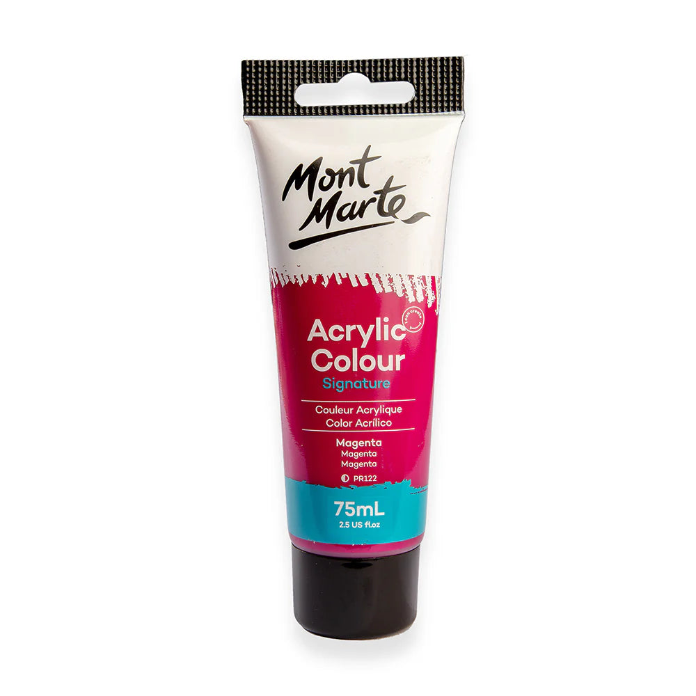Plastic tube with magenta colour label; 75ml size marked on front; Black plastic screw cap; Brand name Mont Marte on label; White and magenta colour theme on packaging;