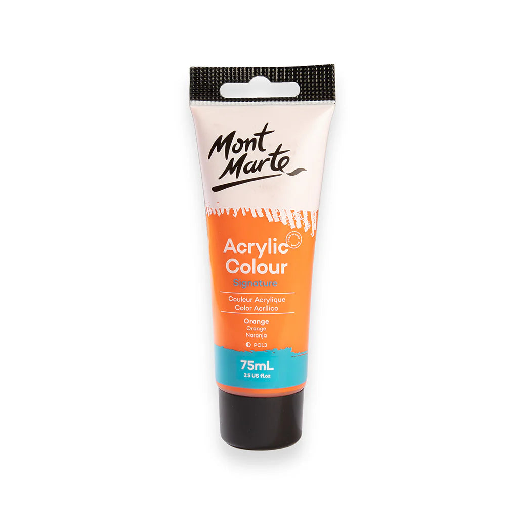 75ml tube; orange paint colour; plastic tube with black cap; Mont Marte branding; paint tube with hanging hole;