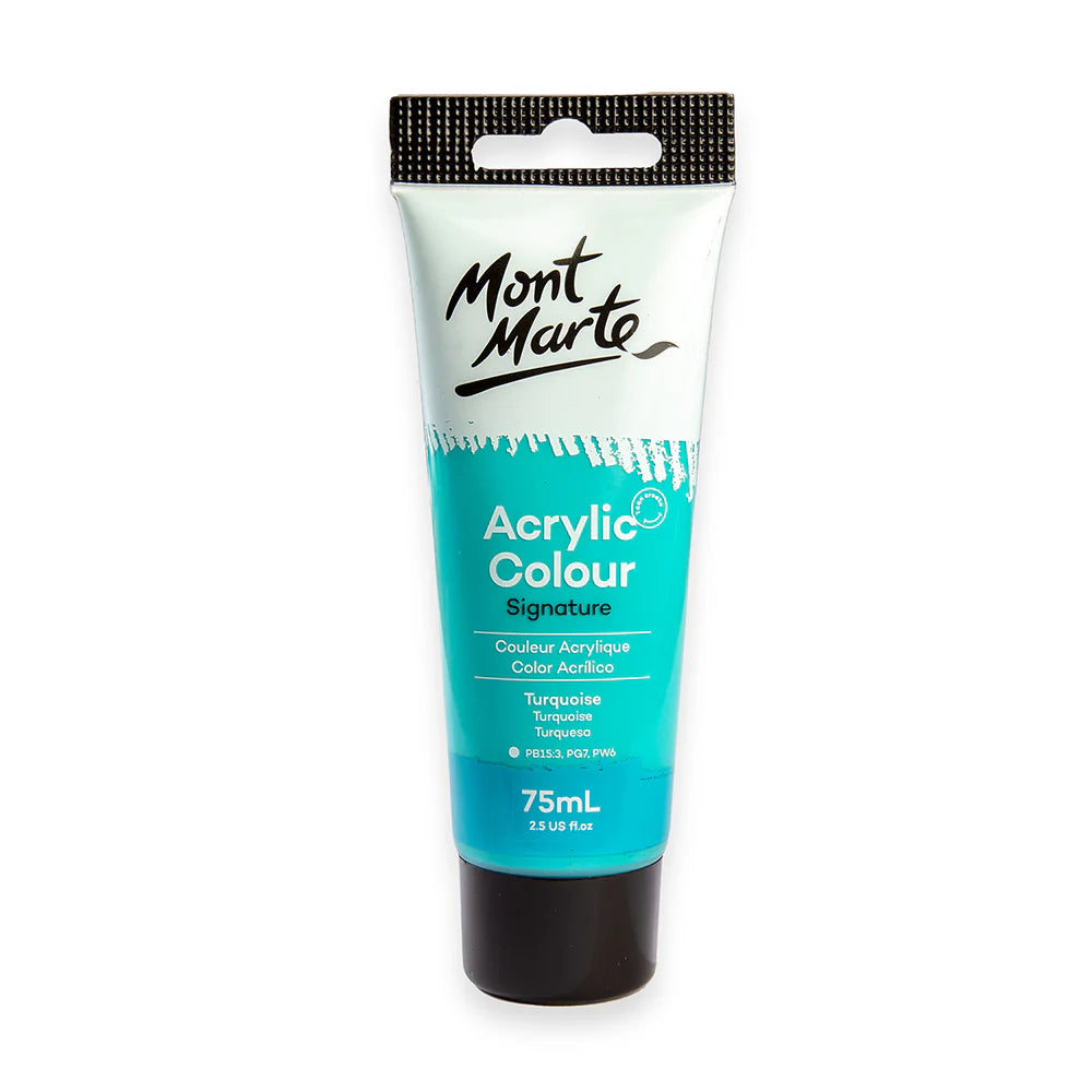 Tube packaging; Turquoise colour label and paint; 75ml size indicated; Black cap; Mont Marte brand logo;