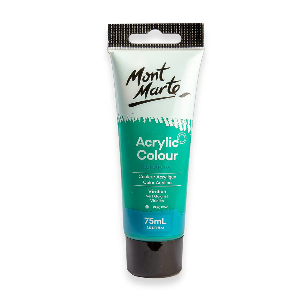 Tube packaging with screw cap; Viridian green colour label; 75ml volume indicated; Mont Marte branding; Acrylic colour paint;