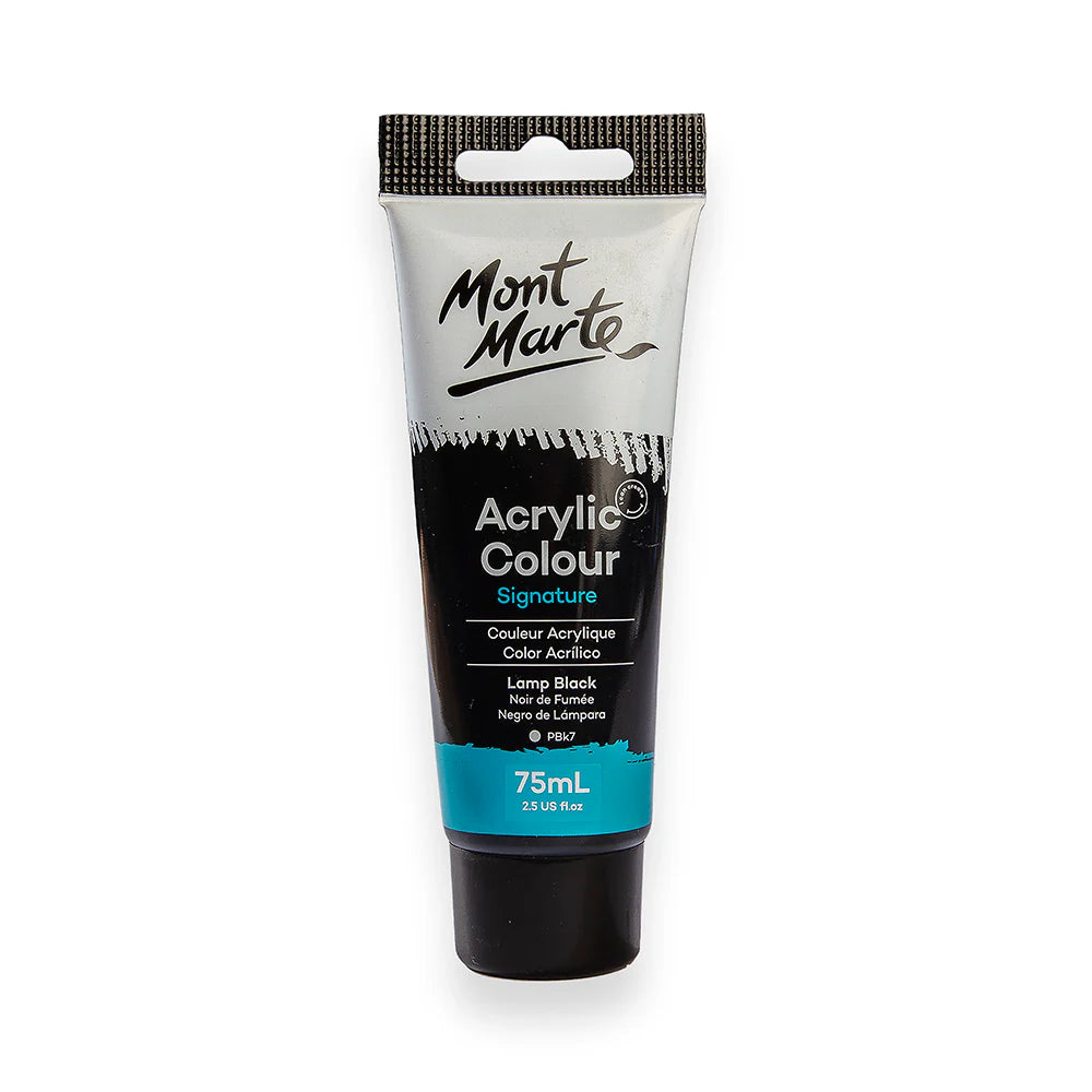 silver and black squeeze tube; 75ml volume; Mont Marte branding; label shows 'Lamp Black' colour; plastic screw cap;