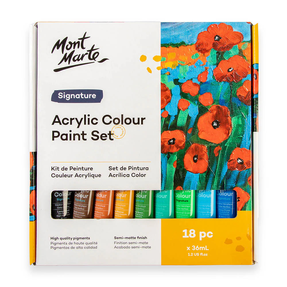 Box with white and yellow packaging; 18 paint tubes visible through window; Bright coloured tubes in a spectrum; Painting of red poppies on box; Mont Marte Signature branding;