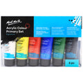6 tubes of acrylic paint in clear plastic packaging; Colours visible: white, yellow, red, blue, green, black; Tube size 50ml each; Packaging with black and blue colour label; Semi-matte paint finish mentioned;