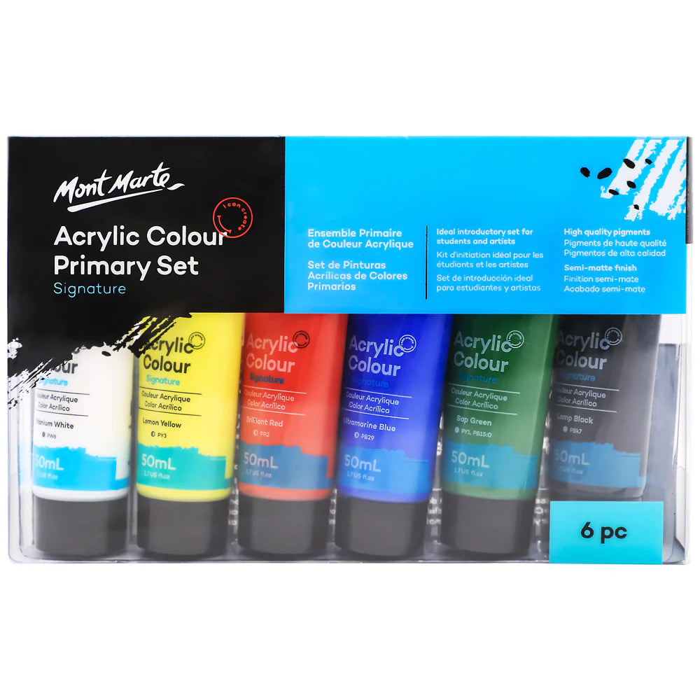 6 tubes of acrylic paint in clear plastic packaging; Colours visible: white, yellow, red, blue, green, black; Tube size 50ml each; Packaging with black and blue colour label; Semi-matte paint finish mentioned;