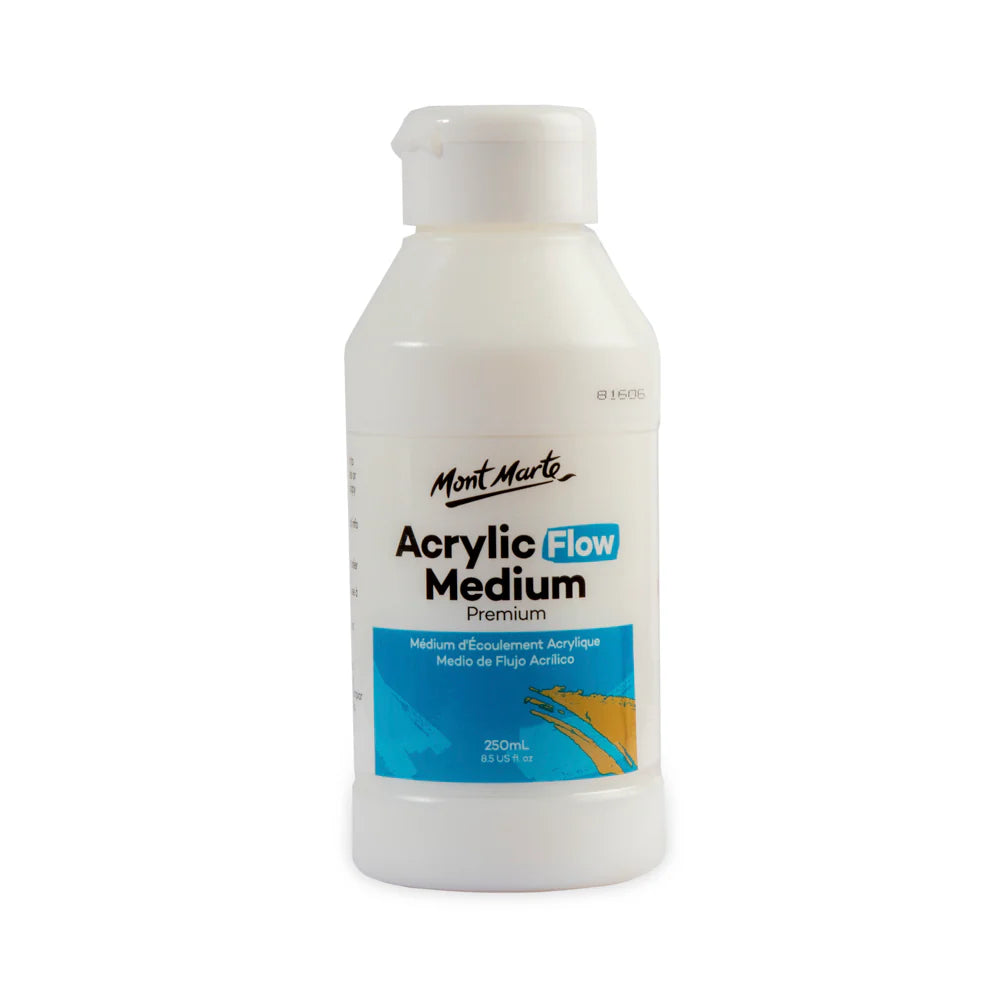 white plastic bottle with white flip-top cap; label with Mont Marte branding; blue and gold colour block design; 250ml volume indicated on label;
