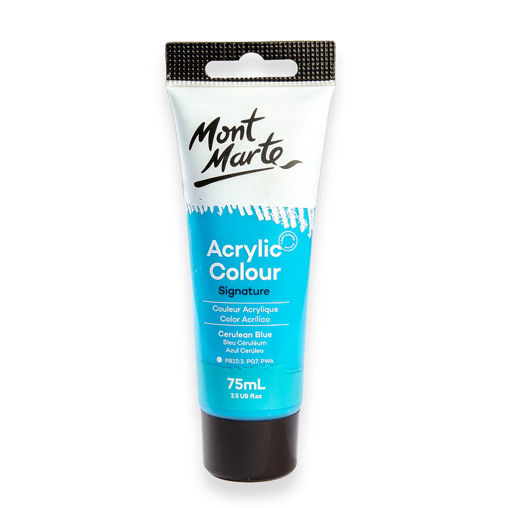 squeeze tube packaging; black cap; blue label matching paint colour; 75ml volume printed; Mont Marte brand logo;