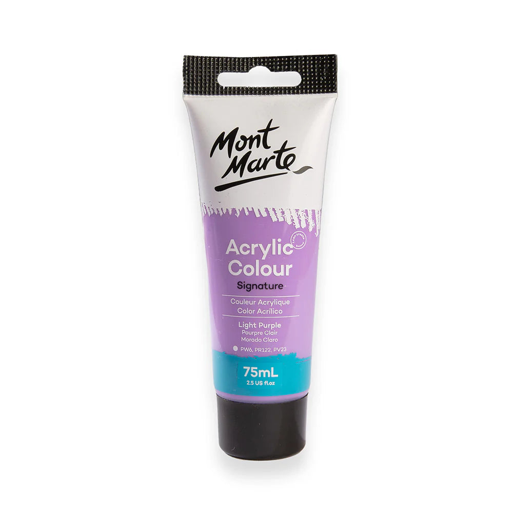 Light purple acrylic paint tube; 75ml capacity; Black cap; Mont Marte branding on packaging; Silver and purple coloured tube;