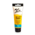 yellow and white tube with black cap; 75ml volume indicated; Mont Marte branded packaging; acrylic colour labelled; medium yellow colour section on tube;