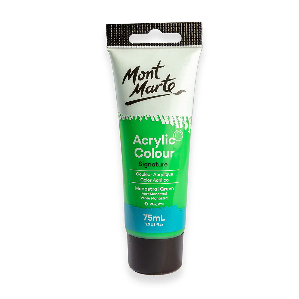 Green paint tube; Black cap; Mont Marte logo; 75ml label; Silver and blue packaging accents;