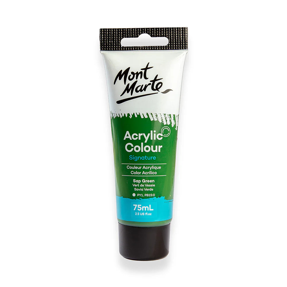 75ml tube size; Sap green labelled paint colour; White and green packaging with black cap; Mont Marte branding on tube;