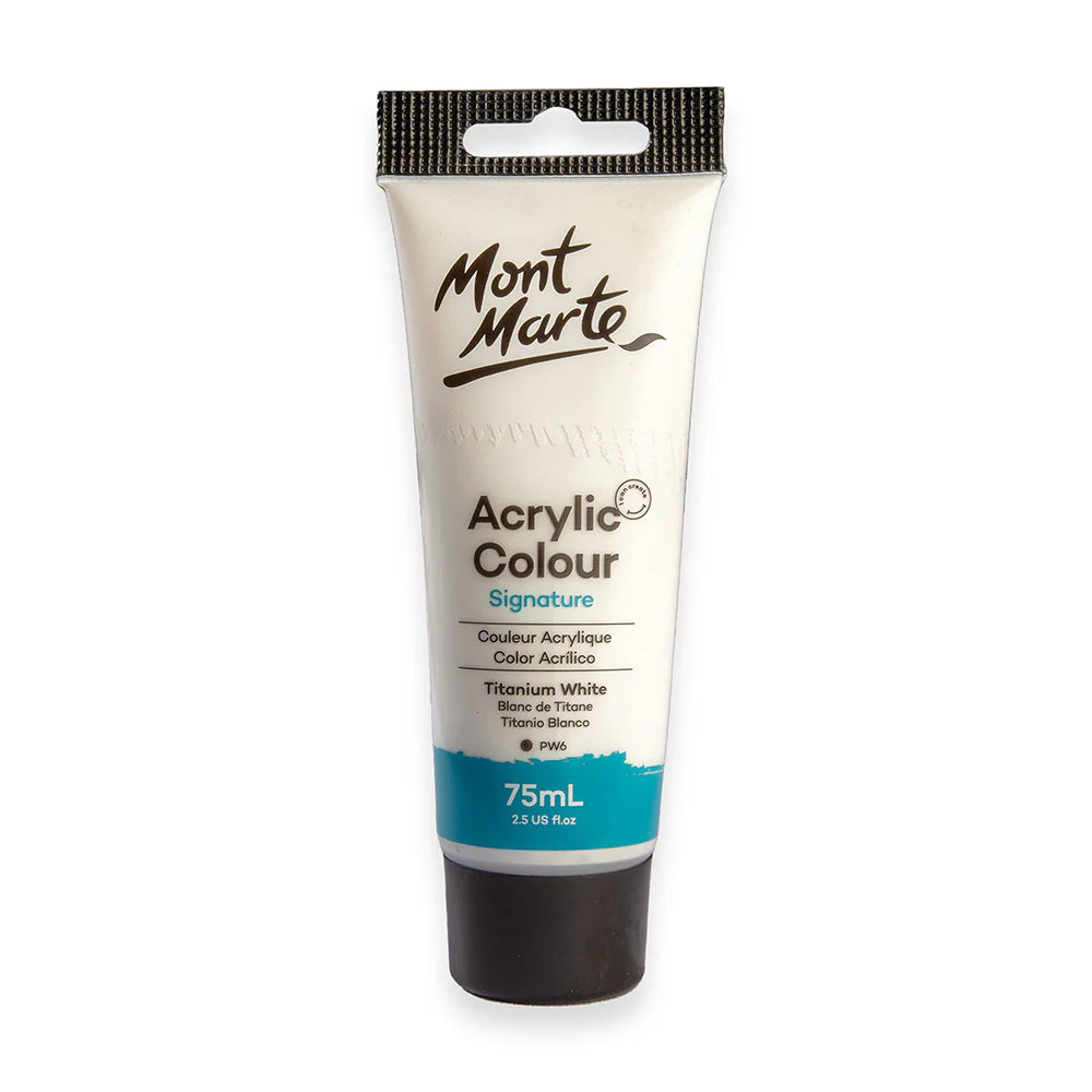 White plastic tube with black screw cap; Blue label section at bottom; Mont Marte branding in black text; 75ml volume indicated; Paint colour - Titanium White;