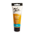 Yellow ochre coloured paint tube; 75ml volume indicated; Black screw cap; Mont Marte brand logo; White and blue label colors;