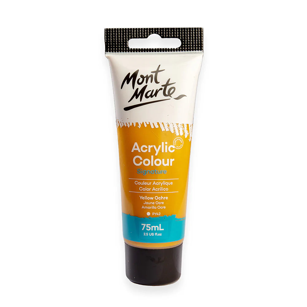 Yellow ochre coloured paint tube; 75ml volume indicated; Black screw cap; Mont Marte brand logo; White and blue label colors;