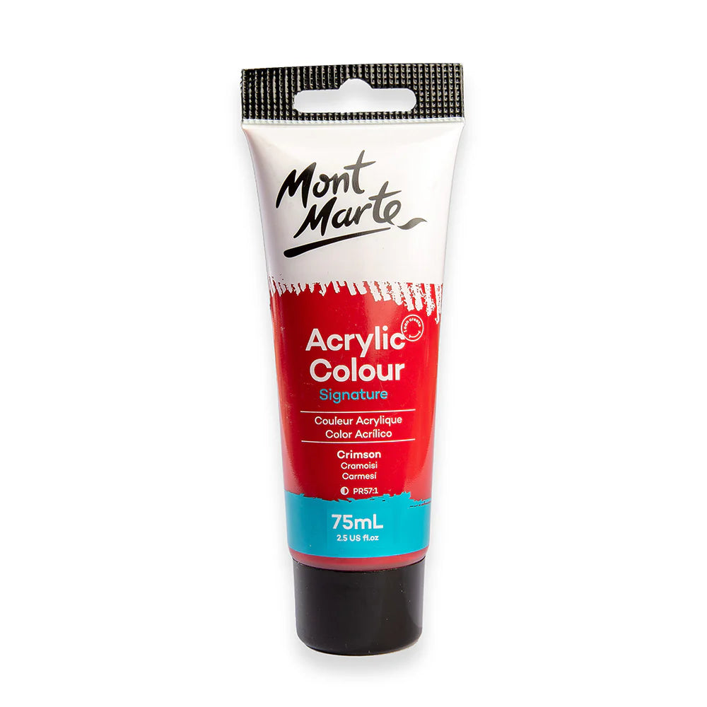 tube packaging with screw cap; red and white labelled tube; 75ml volume marked; Mont Marte branding; crimson colour indication on tube;