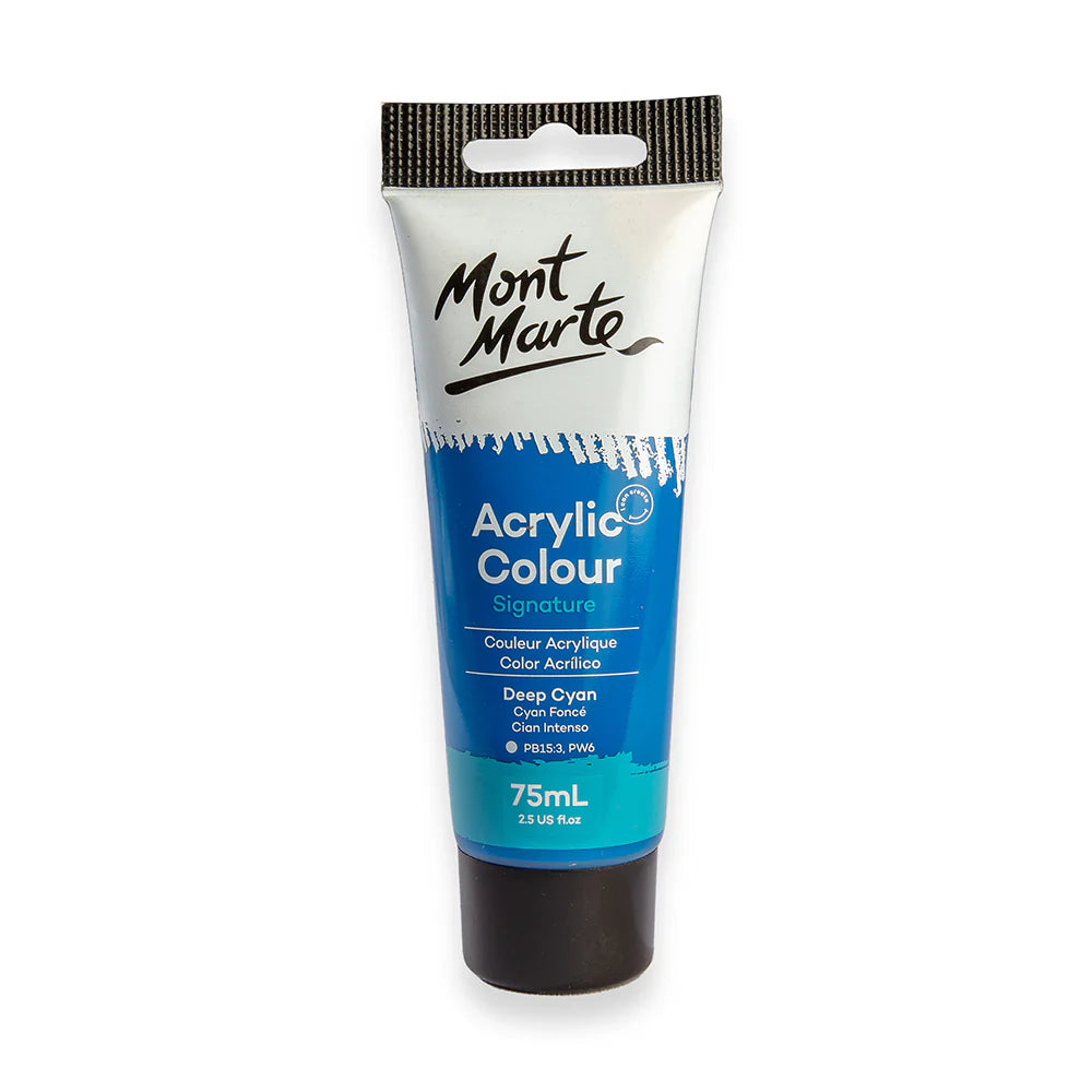 75ml paint tube; Deep Cyan Blue colour; black flip-top cap; Mont Marte branding on tube;