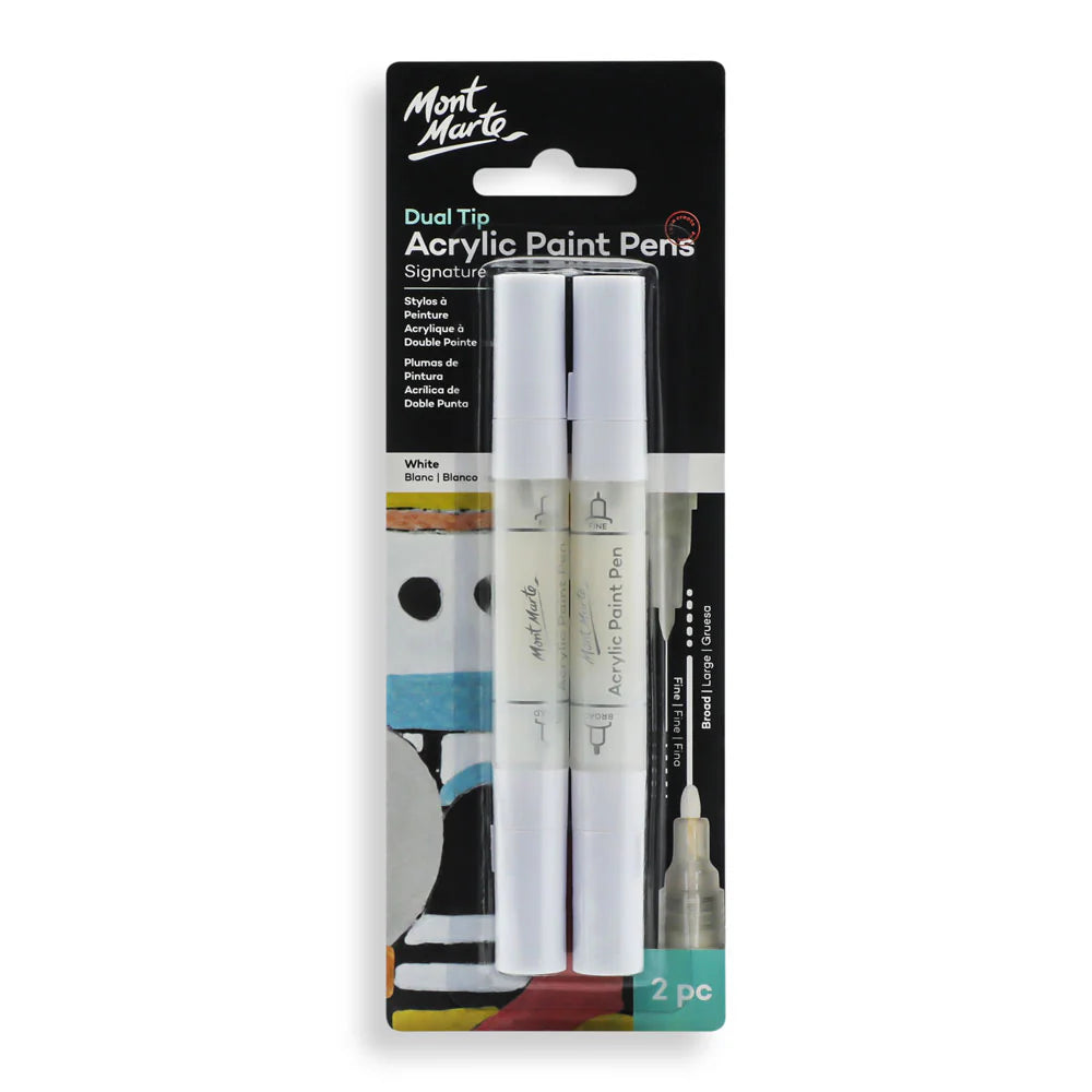 Two white dual tip paint pens in blister pack; Black folded backing card with branding; Packaging shows fine and broad tip illustrations; Colour indicated as white on packaging;