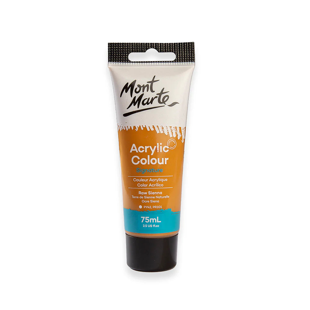 75ml plastic tube; Raw Sienna colour swatch on tube; black flip-top cap; Mont Marte branding on tube; white, orange and blue label;