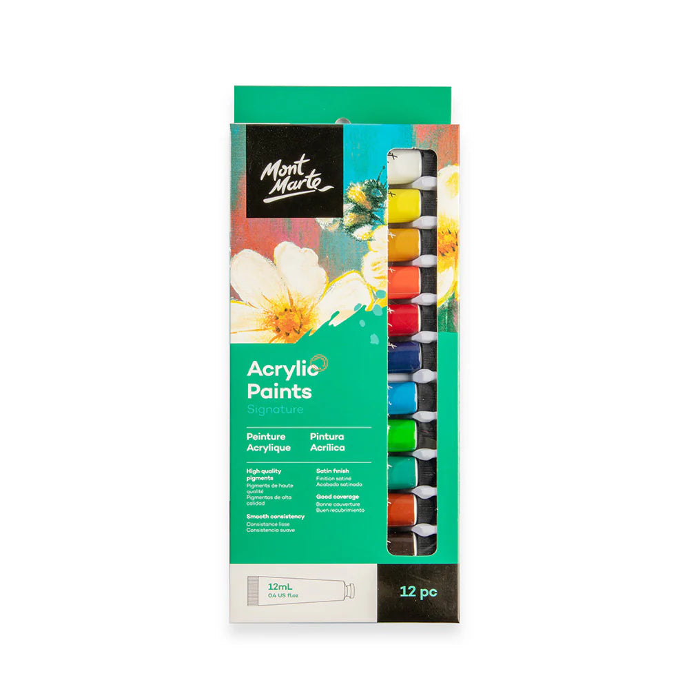12 tubes visible in set packaging; assorted vibrant colour tubes; green and black box with floral artwork; each tube labelled 12ml; window showing paint tubes;