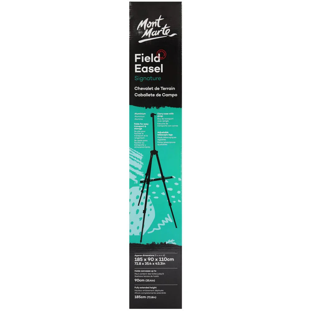 Black aluminium easel with tripod legs; Includes a carrying case; Foldable design for transport; Adjustable leg height; Branding shows 'Mont Marte';