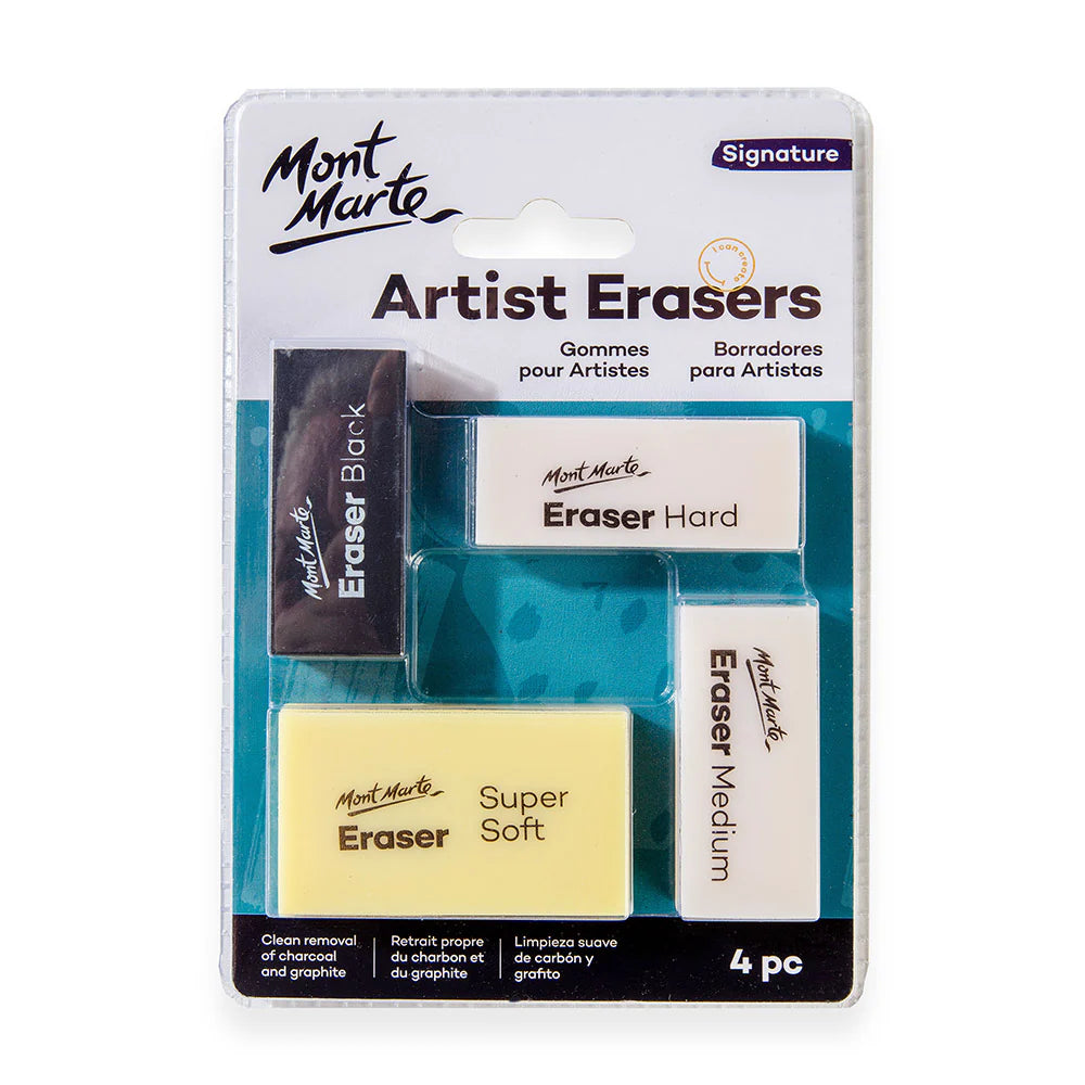 four erasers in black, white and cream colours; packaging shows brand Mont Marte; erasers have varying firmness labels: Hard, Medium, Super Soft, Black; compact rectangular eraser shapes;