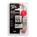 Two sharpeners included in set; Silver zinc alloy body; Visible metal blades; Compact rectangular shape; Packaging labelled in multiple languages;