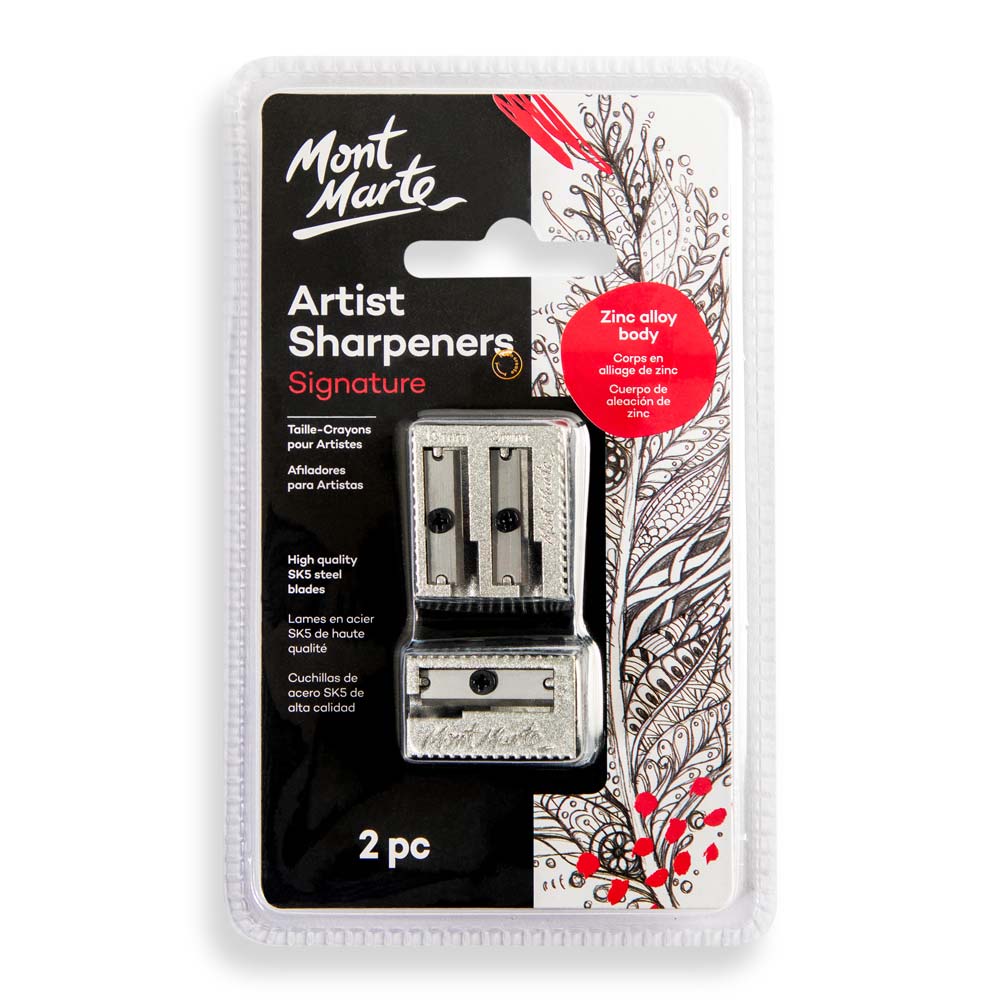 Two sharpeners included in set; Silver zinc alloy body; Visible metal blades; Compact rectangular shape; Packaging labelled in multiple languages;