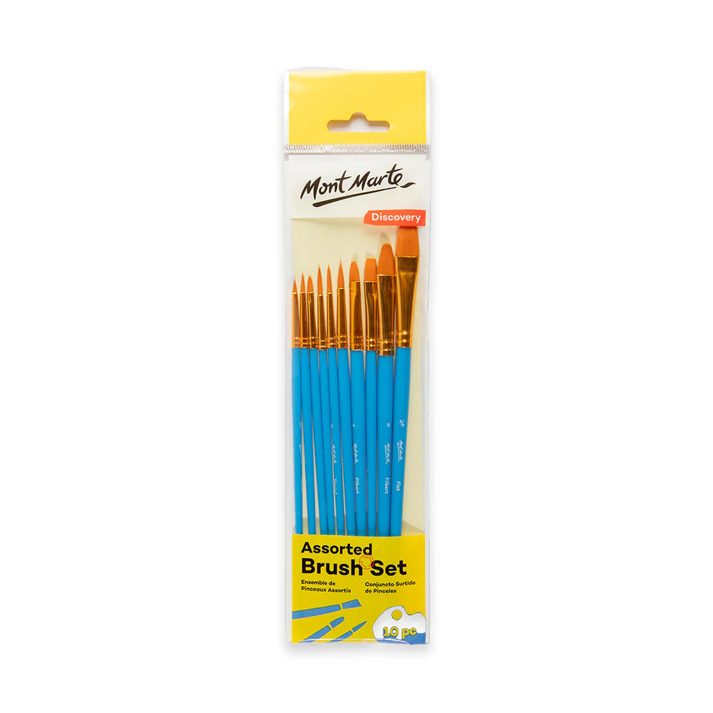 10 brushes in set; blue handles; gold coloured ferrules; variety of brush tip shapes; clear plastic and yellow packaging;