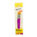 4 brushes with purple handles; yellow and clear plastic packaging; mix of brush shapes including round, filbert, flat; synthetic bristles in light orange colour;