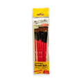 six flat brushes; red wooden handles; brown synthetic bristles; clear plastic pouch packaging; yellow label with black text;