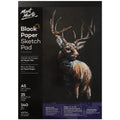 Black cover sketch pad; A5 size label 148 x 210mm; 25 black sheets; 140gsm textured paper; Mont Marte brand;