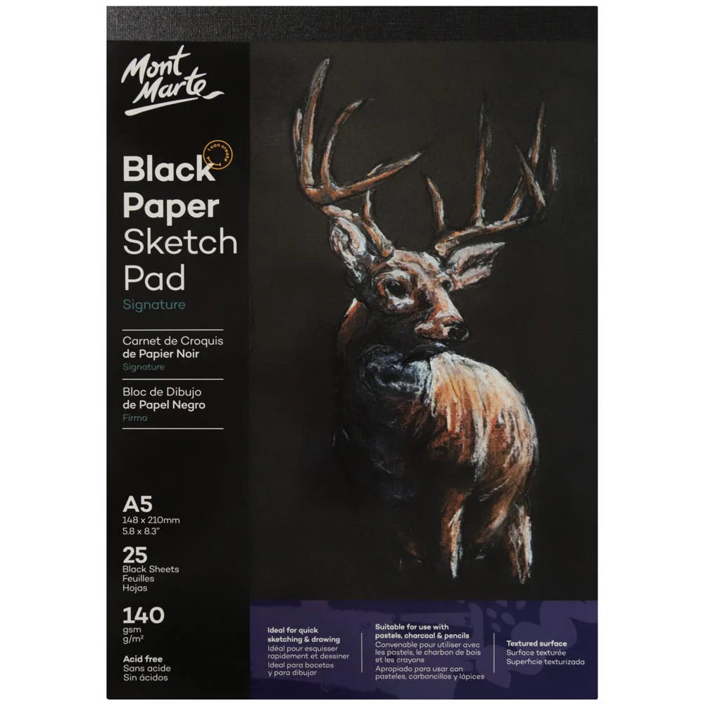 Black cover sketch pad; A5 size label 148 x 210mm; 25 black sheets; 140gsm textured paper; Mont Marte brand;