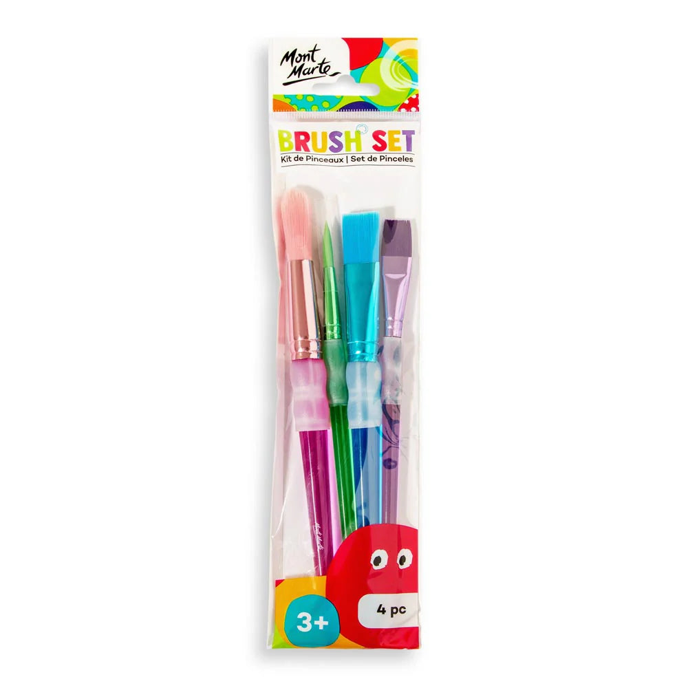 set of four brushes; colourful plastic handles in pink, green, blue, purple; variety of brush tip shapes; packaged in clear plastic wrapper;