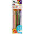7 brushes with different shapes and sizes; multicoloured handles including red, white, yellow, blue, green, and purple; clear plastic packaging with Mont Marte branding; brush set labelled suitable for ages 3+;