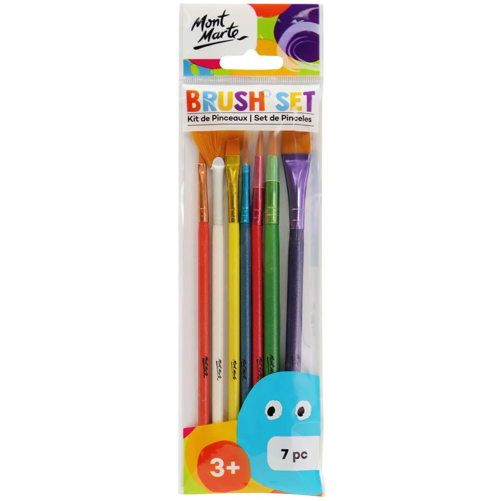 7 brushes with different shapes and sizes; multicoloured handles including red, white, yellow, blue, green, and purple; clear plastic packaging with Mont Marte branding; brush set labelled suitable for ages 3+;
