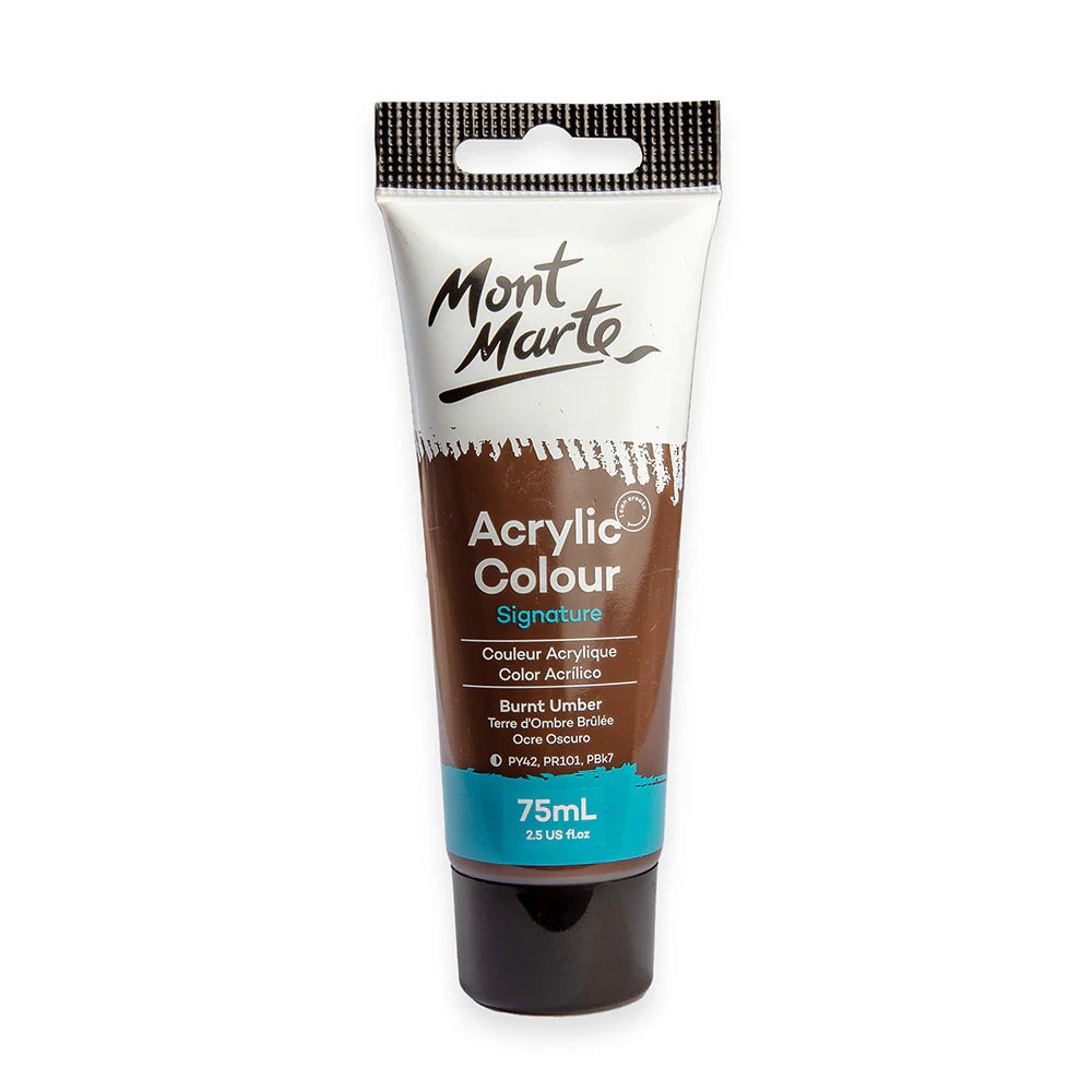 Tube packaging with white, brown and blue colour sections; Black screw cap; 75ml volume indicated on the tube; Brand name Mont Marte visible on packaging;