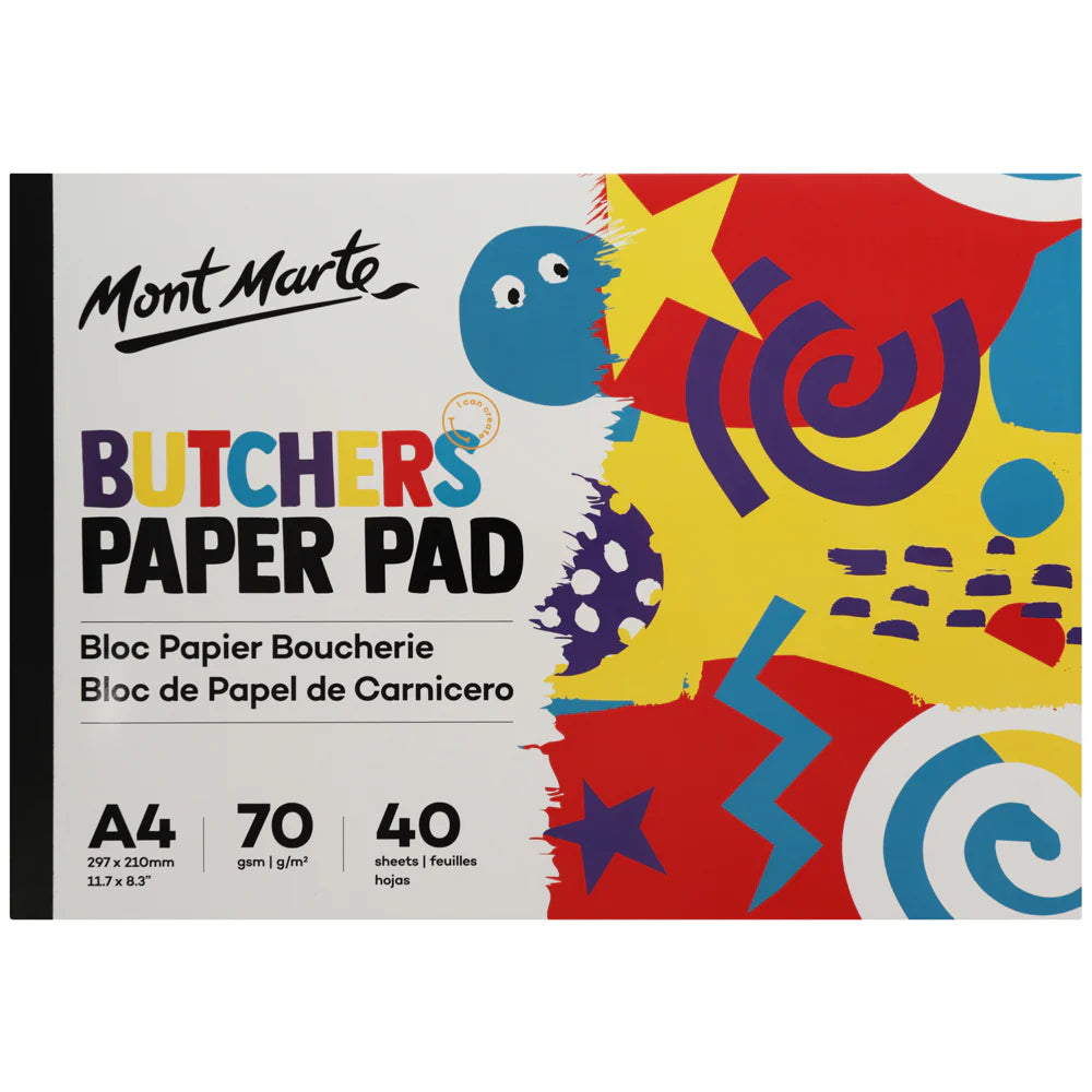 colourful abstract design on cover; black binding strip on left side; text includes 'Mont Marte' brand and product details; dimensions and paper weight displayed;