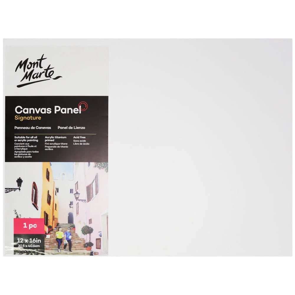 White canvas panel; Rectangular shape; Black and white label packaging; Packaging features colourful street artwork image; Size 30.5 x 40.6 cm indicated on label;