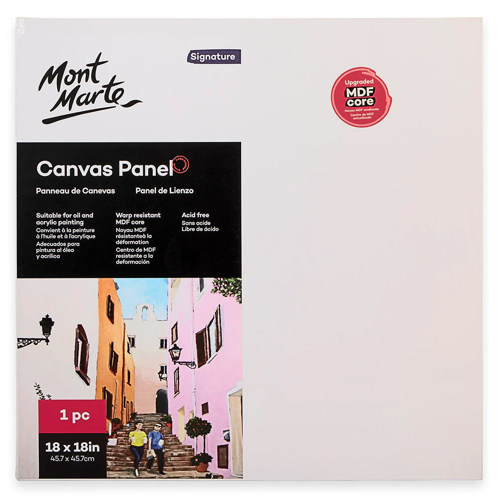 square canvas panel; packaging label with Mont Marte logo; white painting surface; size marked 45.7x45.7cm (18x18in); red badge indicating MDF core;