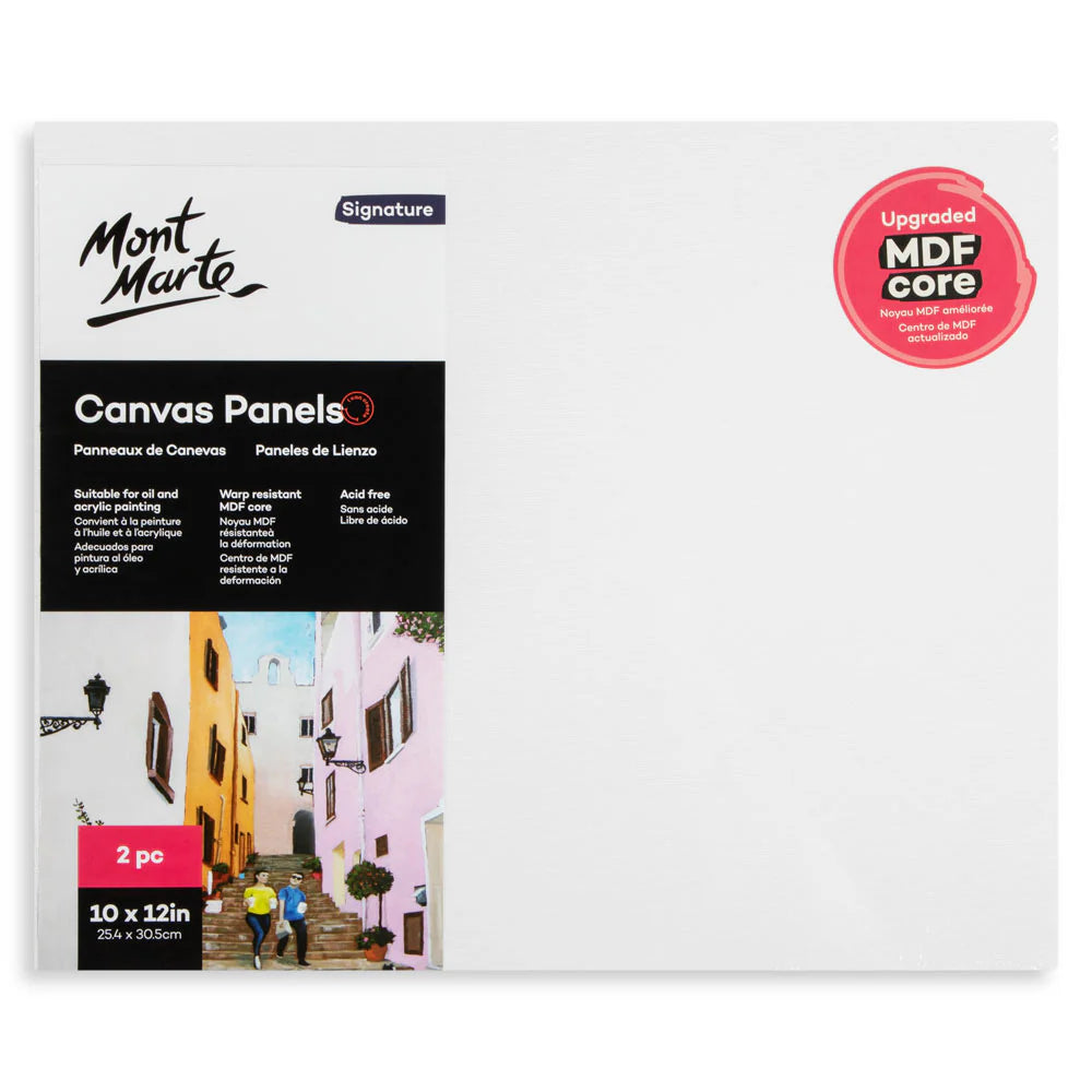 White canvas panels; Pack of 2 panels; 25.4 x 30.5 cm size label; Mont Marte branding on label; Red sticker indicating upgraded MDF core;