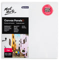 white canvas panels; pack of 2; square shape; dimensions 30.5x30.5cm; product packaging with Mont Marte branding;