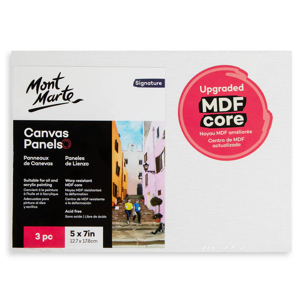 pack of three rectangular canvas panels; white canvas surface; packaging shows painting of street scene; label indicates upgraded MDF core; dimensions 12.7 x 17.8cm visible;