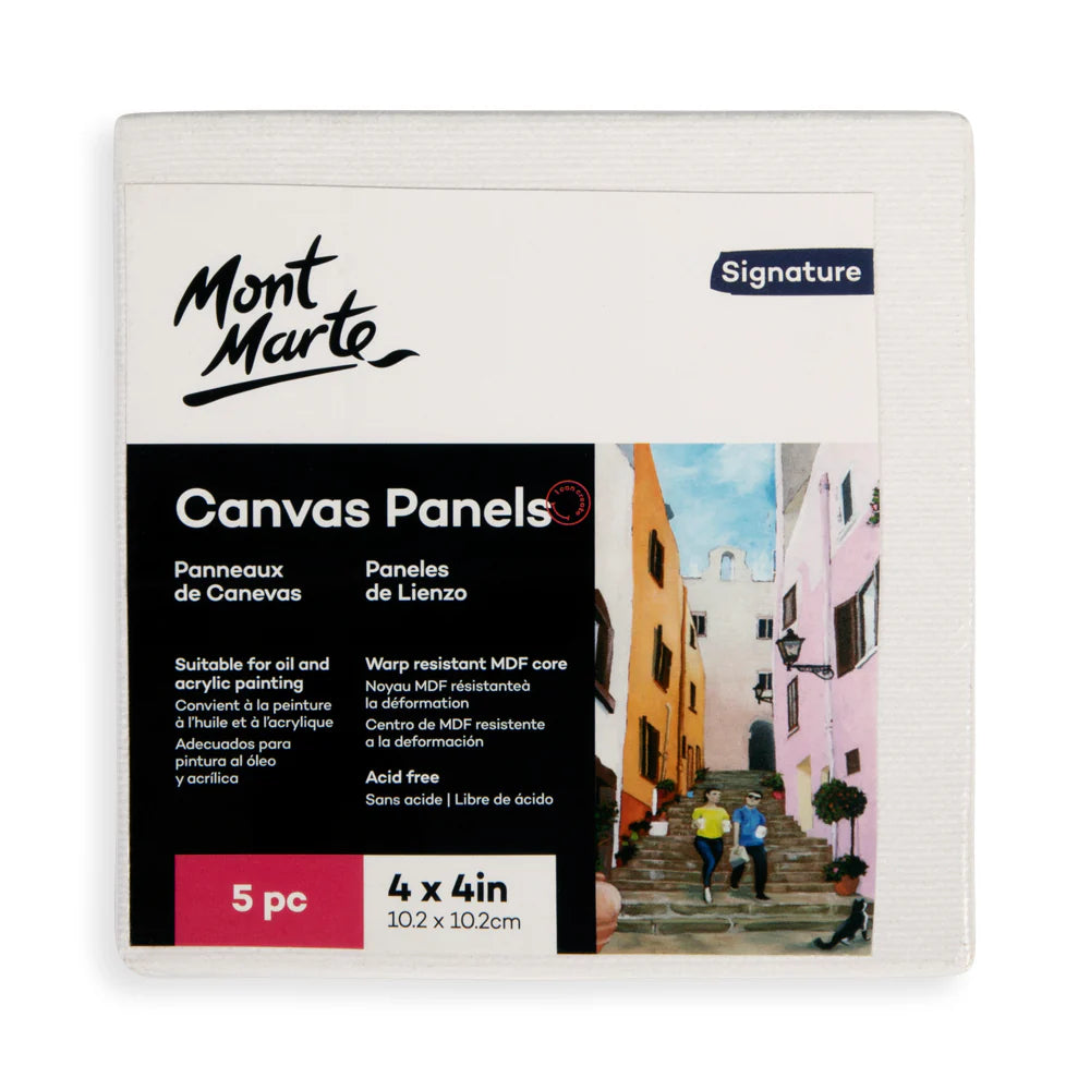 Pack of 5 canvas panels; Square shape; 10.2 x 10.2 cm size; White canvas surface; Packaging shows artwork image;